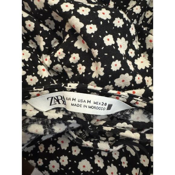 Zara Linen Blend Floral Print Midi Dress Black Cross Back Size M - Picture 9 of 10